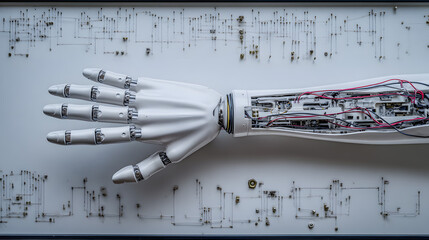 A top-down view of an intricately designed robotic structure with exposed circuits and mechanical parts, showcasing advanced engineering, cyber aesthetics, and futuristic technology in a clean studio 