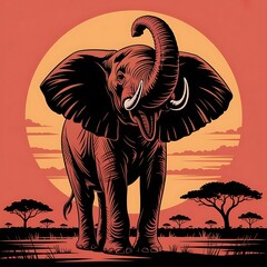 Silhouette of Triumphant Elephant with Raised Trunk and Flared Ears in Strong Stance
