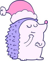 cartoon hedgehog wearing christmas hat in bright neon color