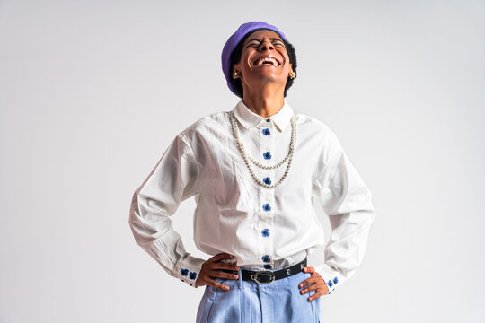 Fashionable fluid gender man posing in studio, concepts about pride