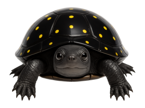 Spotted turtle with small, black shell dotted with bright yellow spots