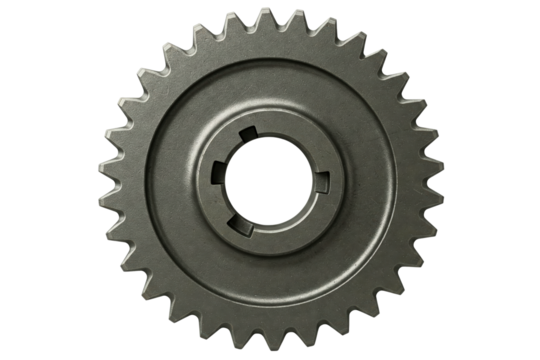 Industrial metal gear wheel with precision-cut teeth for mechanical engineering isolated on a transparent background