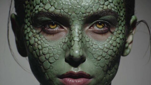 Reptilian Transformation: A mesmerizing close-up of a human face adorned with realistic reptile scale makeup, blurring the line between species.