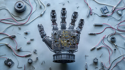 A top-down view of an intricately designed robotic structure with exposed circuits and mechanical parts, showcasing advanced engineering, cyber aesthetics, and futuristic technology in a clean studio 