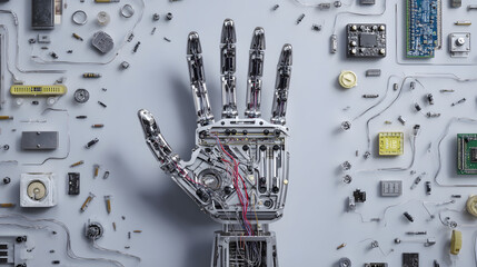 A top-down view of an intricately designed robotic structure with exposed circuits and mechanical parts, showcasing advanced engineering, cyber aesthetics, and futuristic technology in a clean studio 