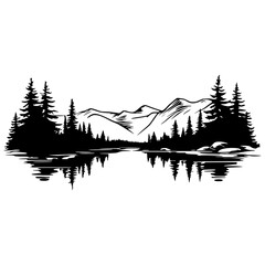 Mountain Lake Silhouette with Forest and Reflections