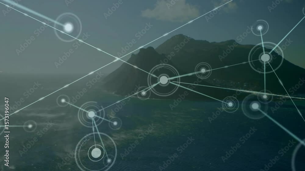 Aufkleber opening aerial shot over coastline then nodes and lines expanding into network overlay for mapping