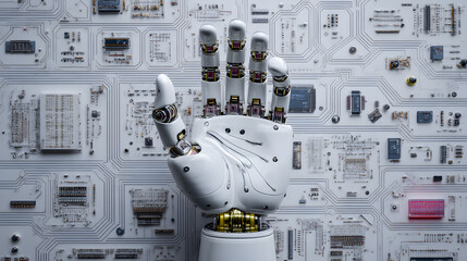 A top-down view of an intricately designed robotic structure with exposed circuits and mechanical parts, showcasing advanced engineering, cyber aesthetics, and futuristic technology in a clean studio 