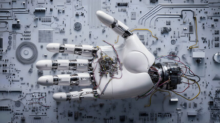 A top-down view of an intricately designed robotic structure with exposed circuits and mechanical parts, showcasing advanced engineering, cyber aesthetics, and futuristic technology in a clean studio 