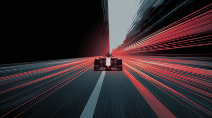 speed motion blurred glowing lines and formula one racing car