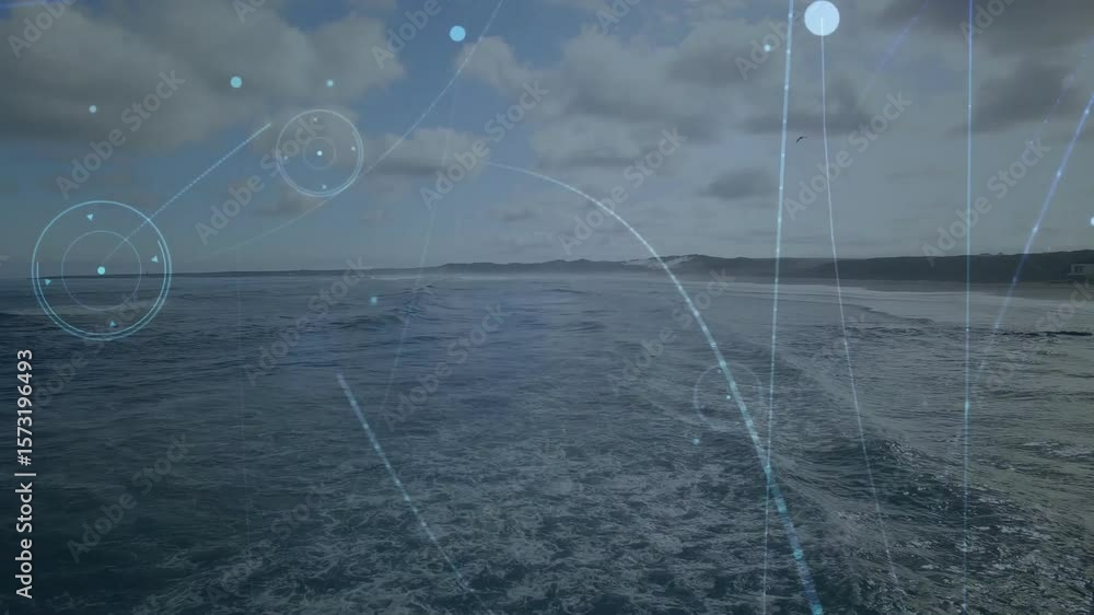 Aufkleber particles appearing above calm ocean ripples activating 3d hud elements forming data network