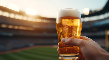Enjoying an ice-cold beverage at the stadium. The golden drink complements the excitement of the game, a perfect pairing for sports enthusiasts.