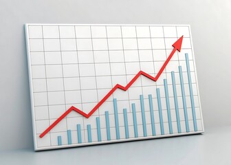 A red arrow dynamically ascends across a bar graph on a white board, symbolizing business growth and financial success, set against a clean, minimalist background