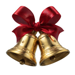 Two Golden Bells Tied Together with a Large Red Satin Bow Isolated on White Background Festive Holiday Decoration Christmas Ornament