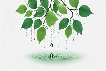 green branch and leafs with water drops,