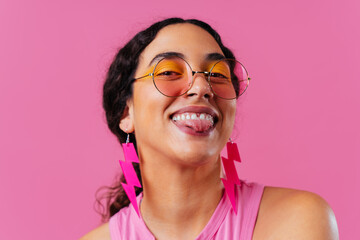 Creative studio portrait of beautiful hispanic woman with diastema