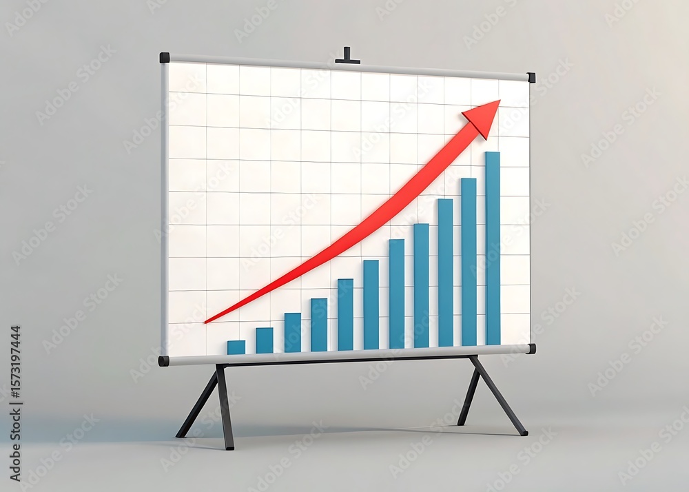 Poster a dynamic red arrow ascends across a bar graph on a presentation easel, symbolizing business growth 
