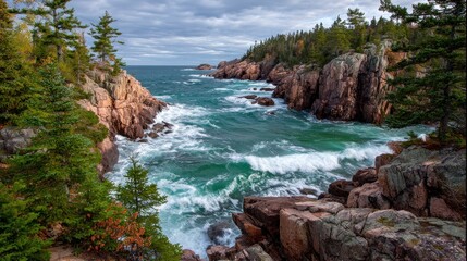 Obraz premium Rocky coast with turquoise water and waves crashing against the shore