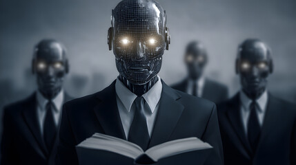 A futuristic robot in business attire with glowing blue eyes, blending corporate professionalism with advanced AI aesthetics, symbolizing the integration of artificial intelligence into modern busines