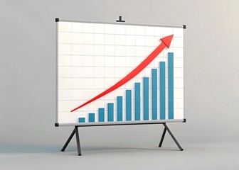 A dynamic red arrow ascends across a bar graph on a presentation easel, symbolizing business growth and financial success in a clear and concise visual