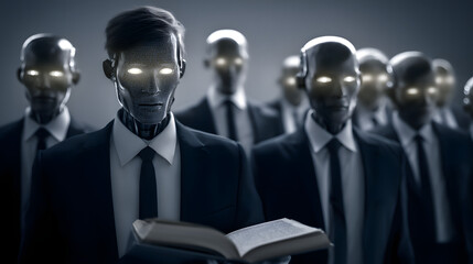 A futuristic robot in business attire with glowing blue eyes, blending corporate professionalism with advanced AI aesthetics, symbolizing the integration of artificial intelligence into modern busines