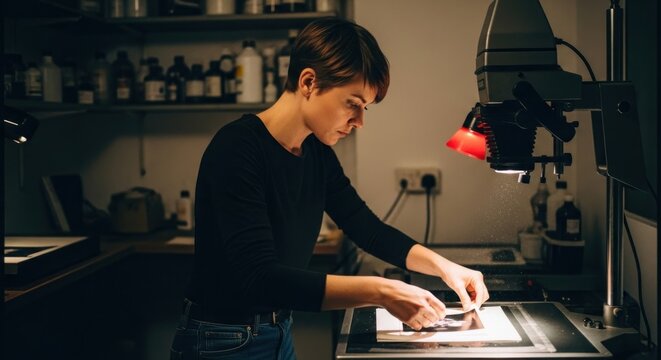 A woman working in a darkroom adjusting a print under an enlarger with shelves and bottles behind her