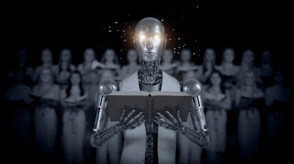 A futuristic robot in business attire with glowing blue eyes, blending corporate professionalism with advanced AI aesthetics, symbolizing the integration of artificial intelligence into modern busines