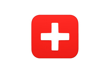 Red plus icon and symbol on a rounded square shape