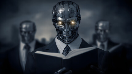 A futuristic robot in business attire with glowing blue eyes, blending corporate professionalism with advanced AI aesthetics, symbolizing the integration of artificial intelligence into modern busines