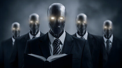 A futuristic robot in business attire with glowing blue eyes, blending corporate professionalism with advanced AI aesthetics, symbolizing the integration of artificial intelligence into modern busines