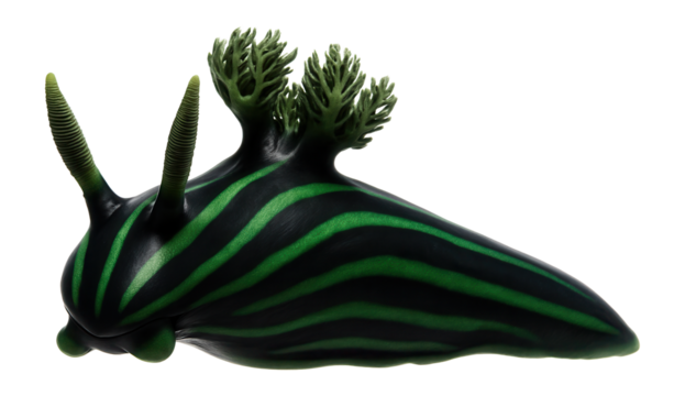 Dusky nembrotha with dark body and bright green longitudinal stripes