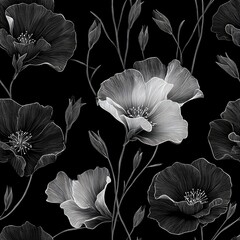 Elegant Floral Pattern on Black Background for Textile Design