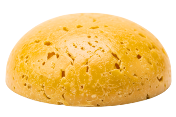 Round head of artisanal yellow hard cheese with a porous texture isolated on a transparent background