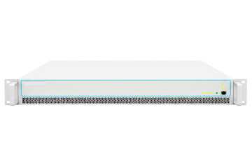 White network server rack unit with LED indicators isolated on a transparent background