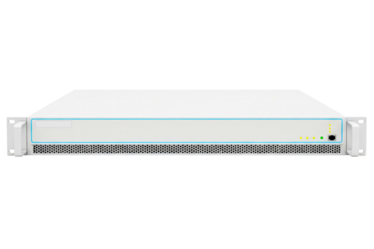 White network server rack unit with LED indicators isolated on a transparent background