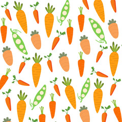 Seamless pattern featuring illustrations of carrots and peas