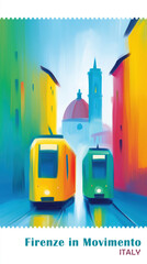 Vibrant painting of Florence's trams and Duomo. 'Firenze in Movimento' (Florence in Motion). Stylized, postage stamp view of Italian city life, travel, and modern urban energy.