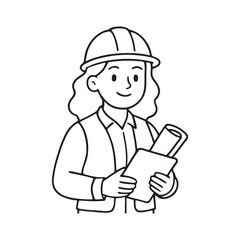Simple line art vector of a woman engineer or contractor with helmet and documents