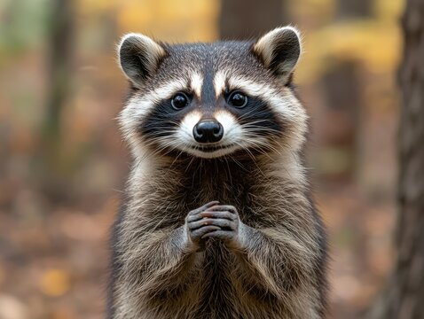 Fototapeta Close-up of a raccoon, face-on, in autumnal forest