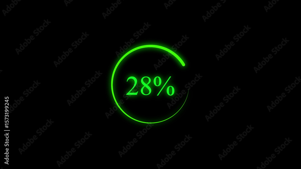 Poster glowing green circle progress bar displaying twenty eight percent on black background