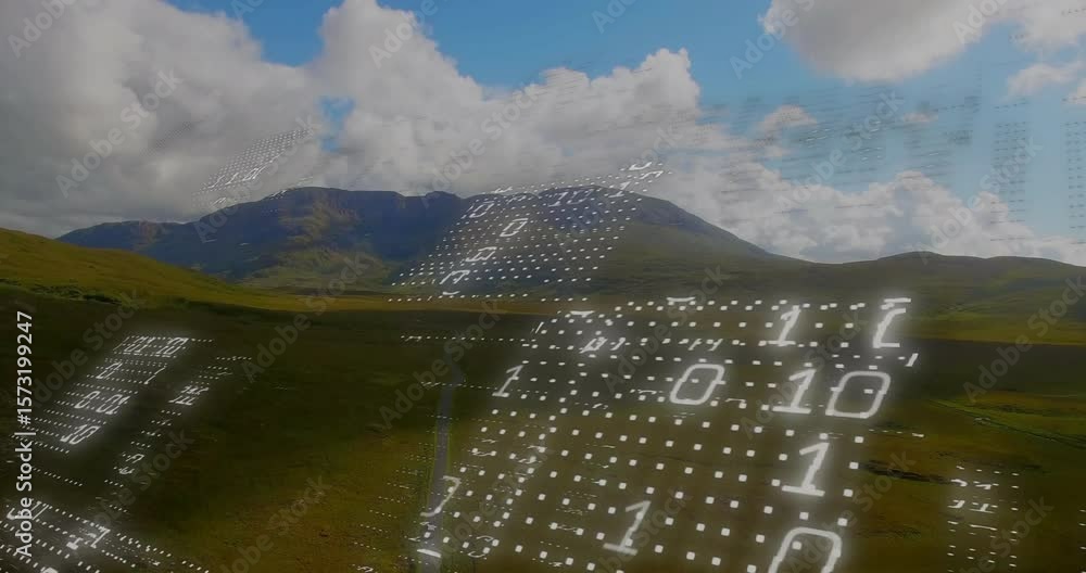 Poster glowing binary clusters materializing over valley, forming holographic data panels mapping terrain
