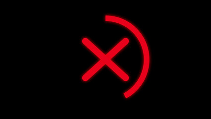 Fototapeta premium Red neon cross mark and a half circle with black background for cancellation and warning