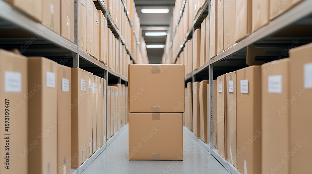 Poster storage area with cardboard boxes on shelves. boxes stacked in foreground with symmetrical shelving 