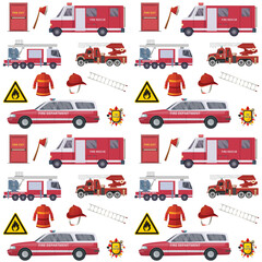 Seamless pattern of fire truck, emergency vehicle, firefighter gear, siren, flashing lights,...