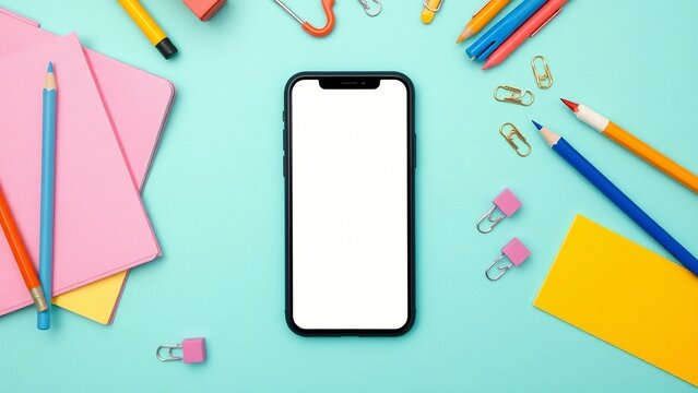 Phone mockup surrounded by stationery for educational, back-to-school themed content and digital learning promotions
