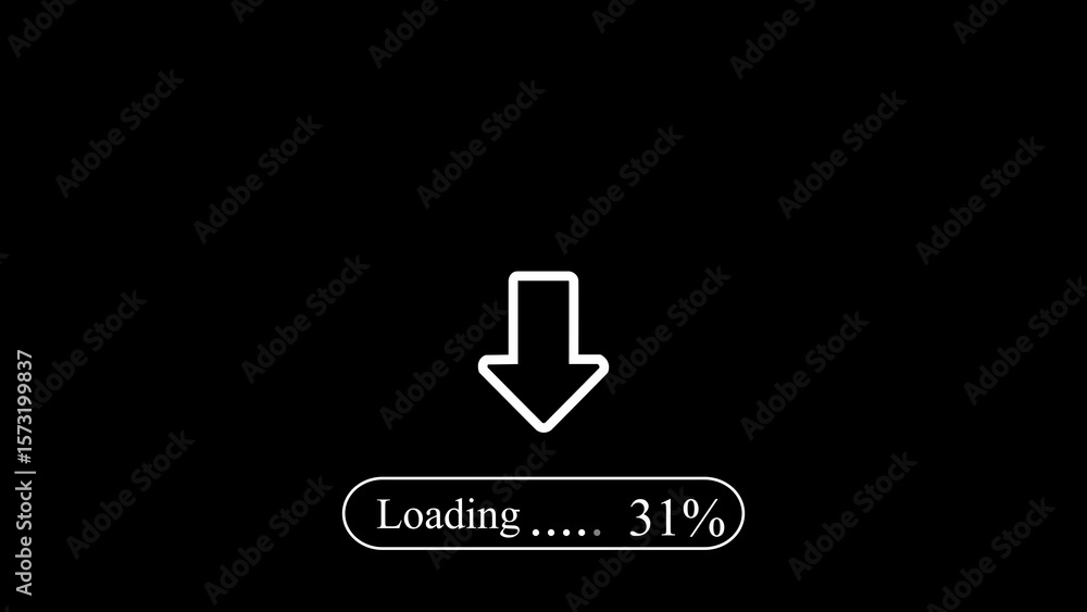 Poster loading download progress animation with white arrow and percentage indicator on black background