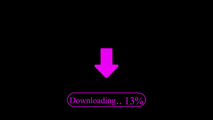 Digital download process with pink arrow icon and progress bar on black surface