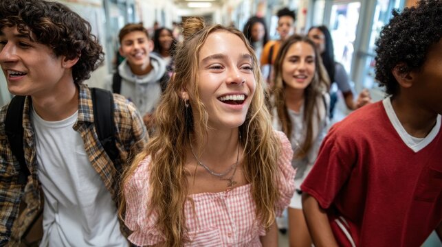 School hallway, happy teens walking - Powered by Adobe