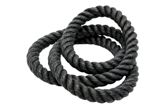 Coiled black synthetic rope with thick twisted strands isolated on a transparent background - Powered by Adobe