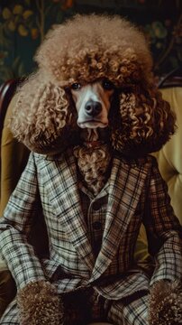 Humorous  of dog dressed as a man with curly wig and a suit and tie, sitting on a chair. This is not a real person wearing clothes, but rather a pet dressed up in an amusing costume.